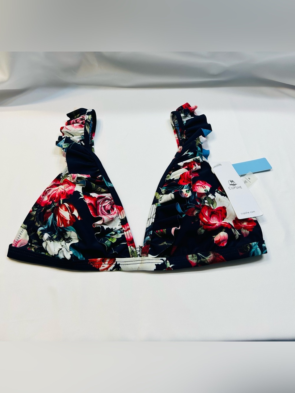Cupshe Navy Floral Ruffle Triangle Bikini Top with Red Roses. New With Tags - Picture 2 of 6